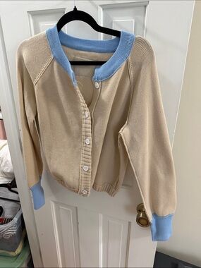 Cream Cardigan Sweater with Light Blue Trim
